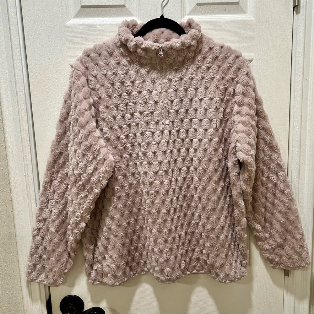 NWT Knapp Studio Mauve Textured Sherpa Quarter Zip Pullover - Large | Rose Pink